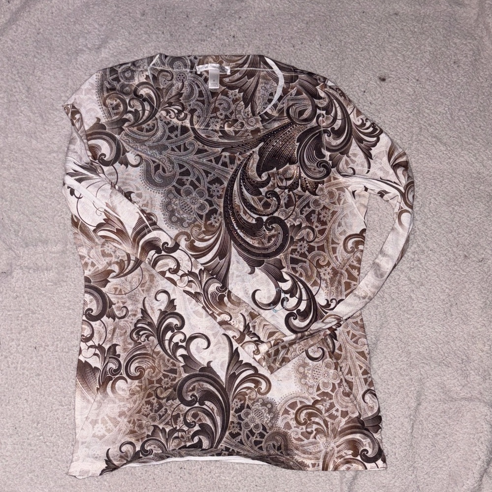 Dress Barn Elegant Brown and Cream Long Sleeve Top